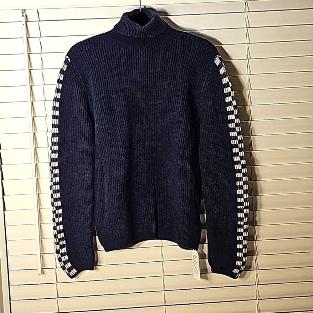 Navy Turtleneck Sweater With Checkered Sleeves Navy/ White Size Medium
